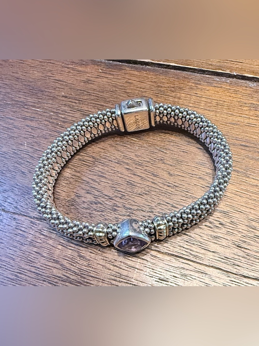 LAGOS Silver-Tone Beaded Bracelet with Amethyst Stone